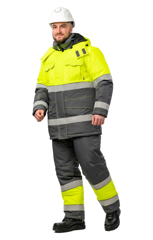 Костюм зимний сигнальный «Прожектор» флуоресцентный желтый с серым