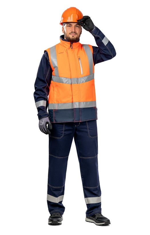 Жилет сигнальный утепленный «Абсолют» флуоресцентный оранжевый с темно-синим