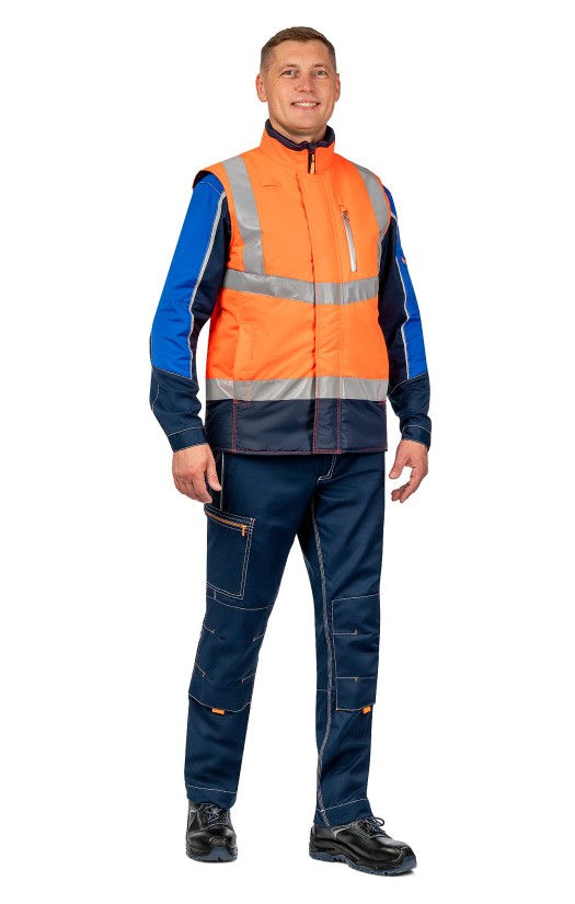 Жилет сигнальный утепленный «Абсолют» флуоресцентный оранжевый с темно-синим