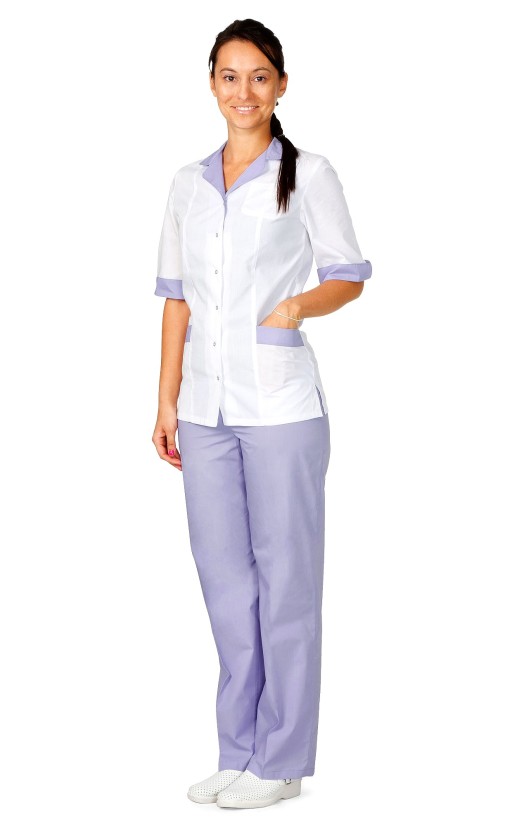 Жакет женский «Медик» белый с сиреневой отделкой
