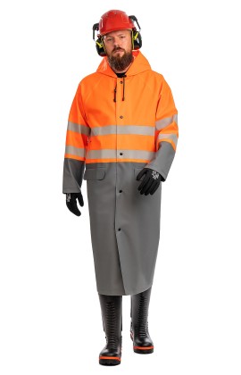 Плащ сигнальный «Циклон ХАЙ-ВИЗ» для защиты от нефти и нефтепродуктов, воды, флуоресцентный оранжевый с серым