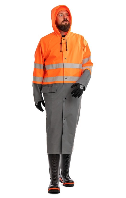 Плащ сигнальный «Циклон ХАЙ-ВИЗ» для защиты от нефти и нефтепродуктов, воды, флуоресцентный оранжевый с серым