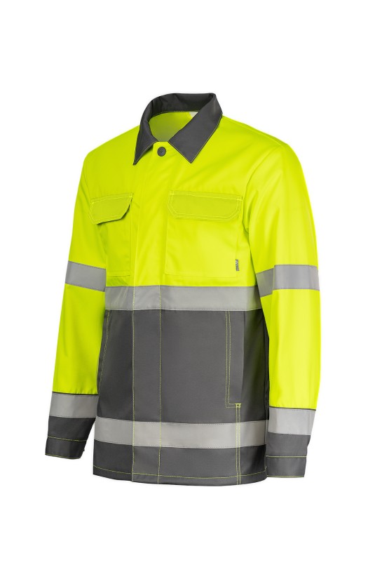 Костюм летний сигнальный «Прожектор» флуоресцентный желтый с серым, куртка