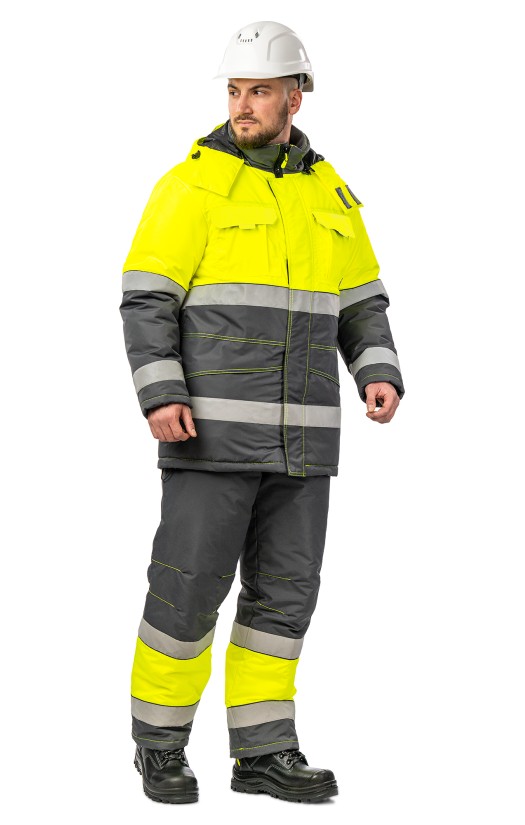 Костюм зимний сигнальный «Прожектор» флуоресцентный желтый с серым
